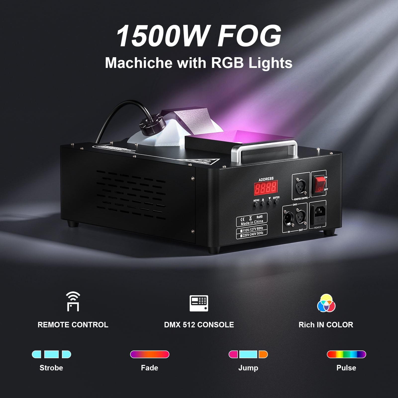1500W Fog Machine with RGB 3-IN-1 24 LED Lights, DMX & Remote Control for DJ Stage Show, Wedding, Party, Halloween