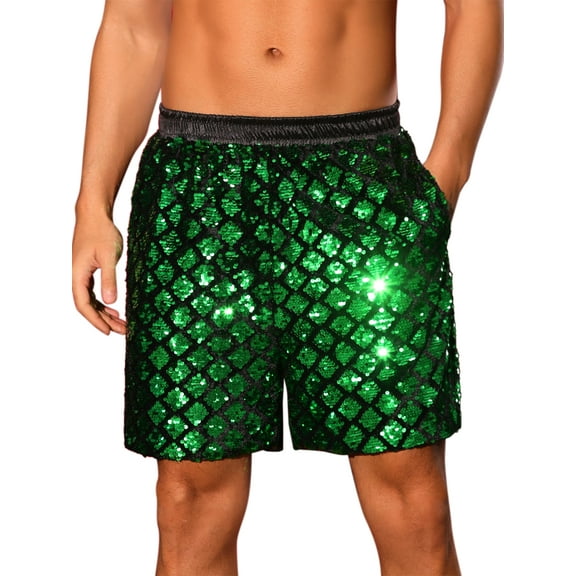 INSPIRE CHIC Argyle Sequin Shorts for Men's Metallic Elastic Waist Disco Shiny Hot Shorts with Pocket 28 Green