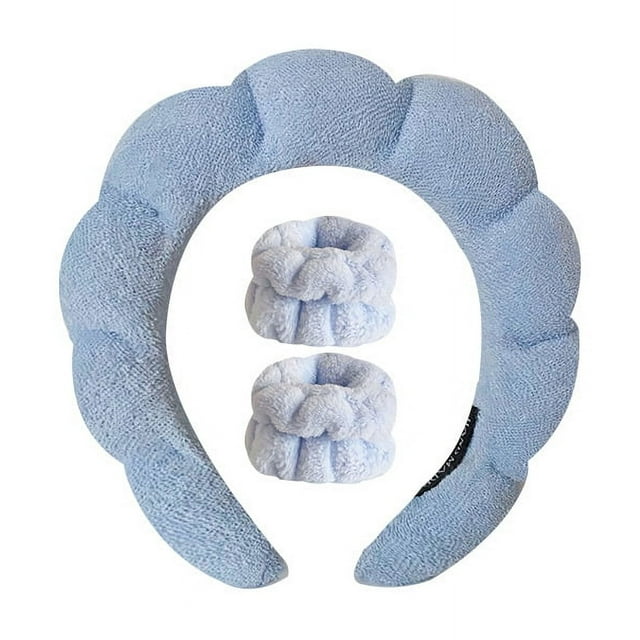 Diadema de spa para lavarse la cara, conjunto de muñequera, esponja, maquillaje, paño para el cuidado de la piel, burbuja suave, prepárate, diadema azul claro, mujeres y niñas