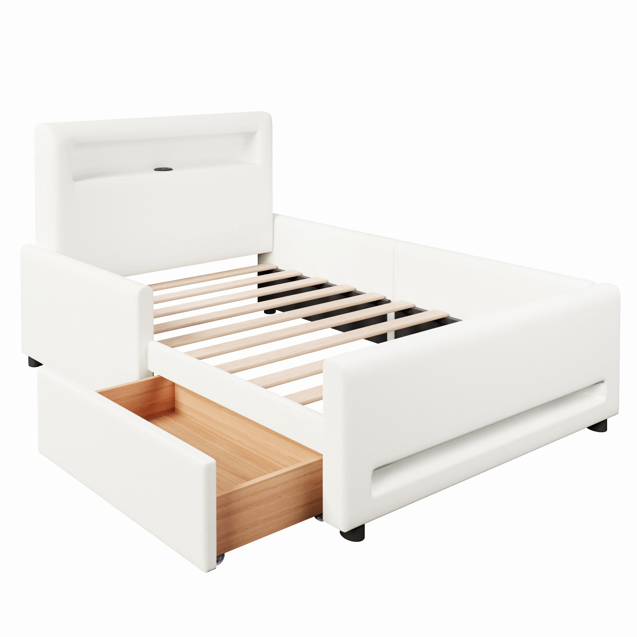 Noble House Twin Size Upholstered Platform Bed with Storage Drawer, LED Light Strip and USB Charging Port, White