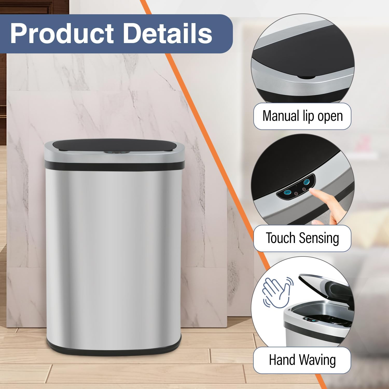 PayLessHere 13Gal Touchless Trash Can - Stainless Steel Auto Lid for Kitchen, Silver