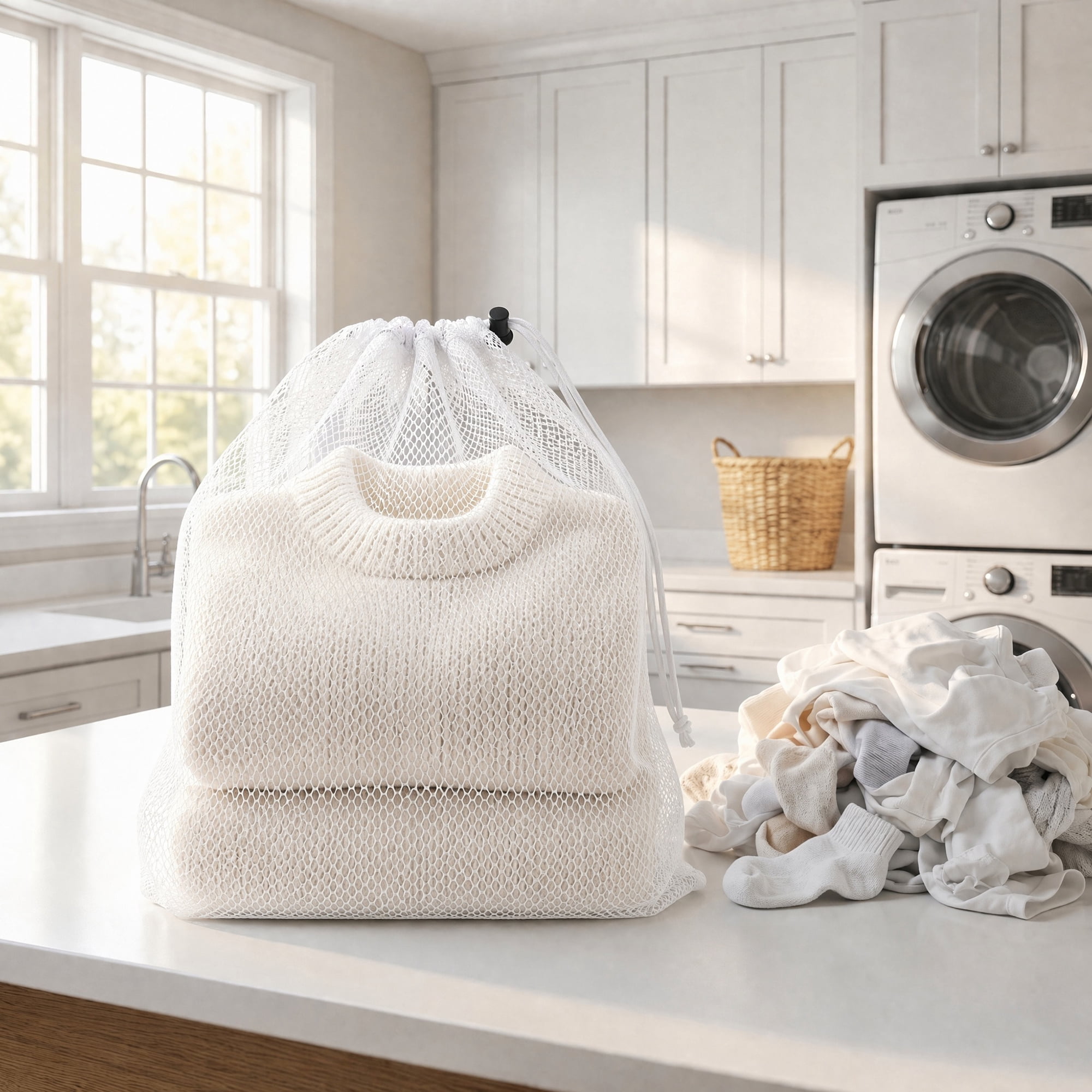 Unique Bargains 2 Pack Nylon Mesh Laundry Bags with Drawstring Closure for Socks White 15.7"x19.7"