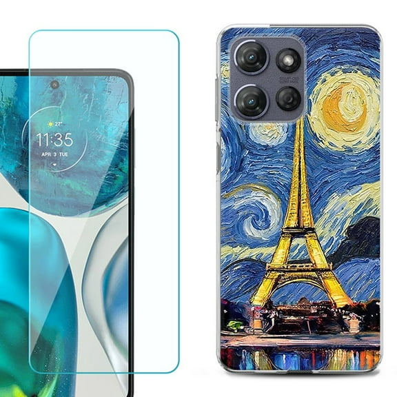 For Motorola Moto G Power 5G 2025 Phone Case Cover with Tempered Glass Screen Protector, by OneToughShield - Starry Night Eiffel