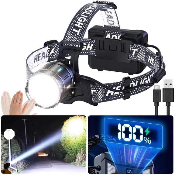 Headlamp 20000 High Lumens Rechargeable for Adult - 1500 Meters Long Beam Super Bright Zoomable LED Headlamp with Sensor & Power Display & IPX6 Waterproof for Camping, 20H Runtime,90°Angle Adjustable