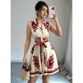 thumbnail image 5 of Women'S 2025 Summer Boho Floral Print Sleeveless Belt Flowy Button Down Midi Sun Dress Red L, 5 of 9