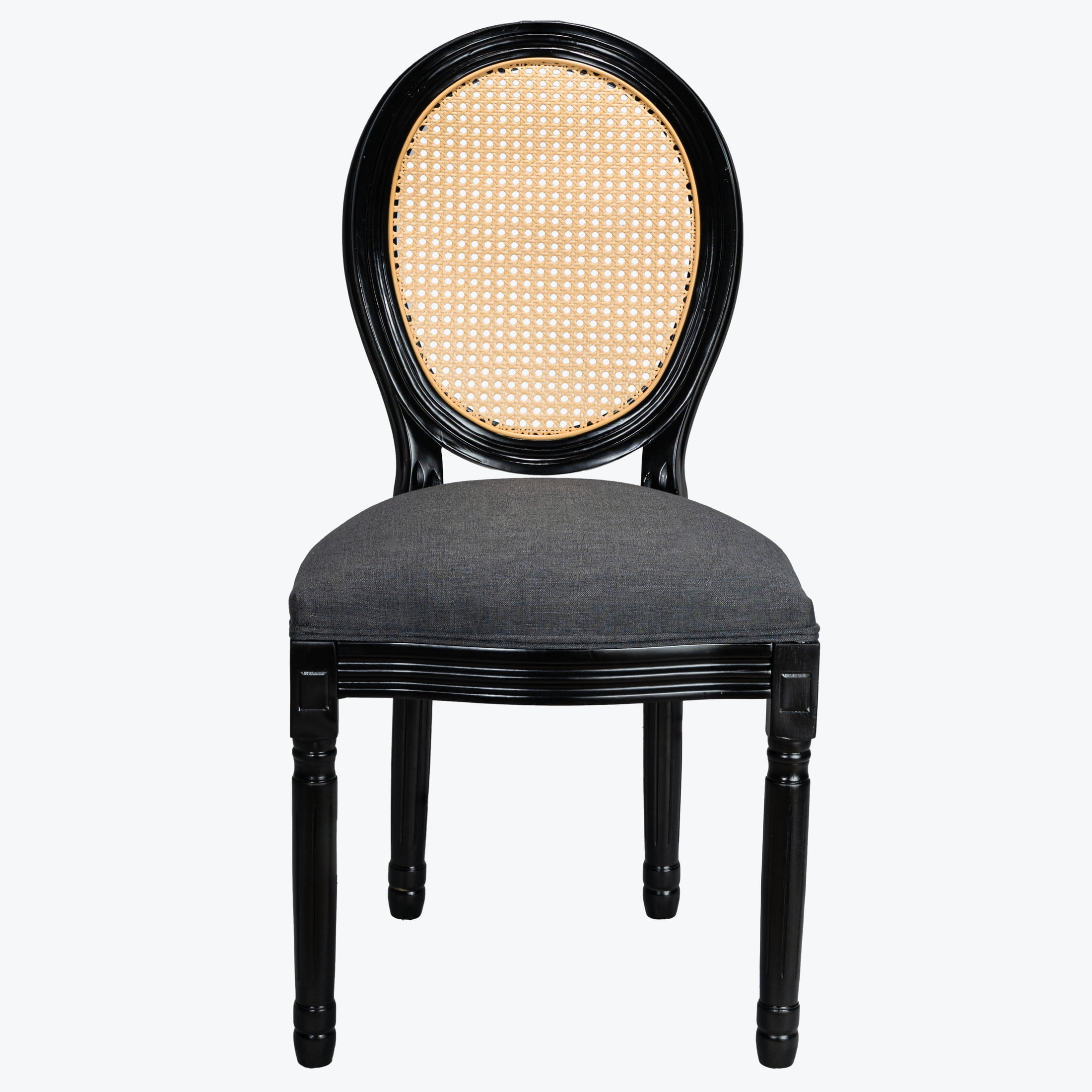 Noble House Caldon French Country Upholstered Dining Chairs with Solid Wood Frame and Rattan Back, Dark Gray, Set of 2