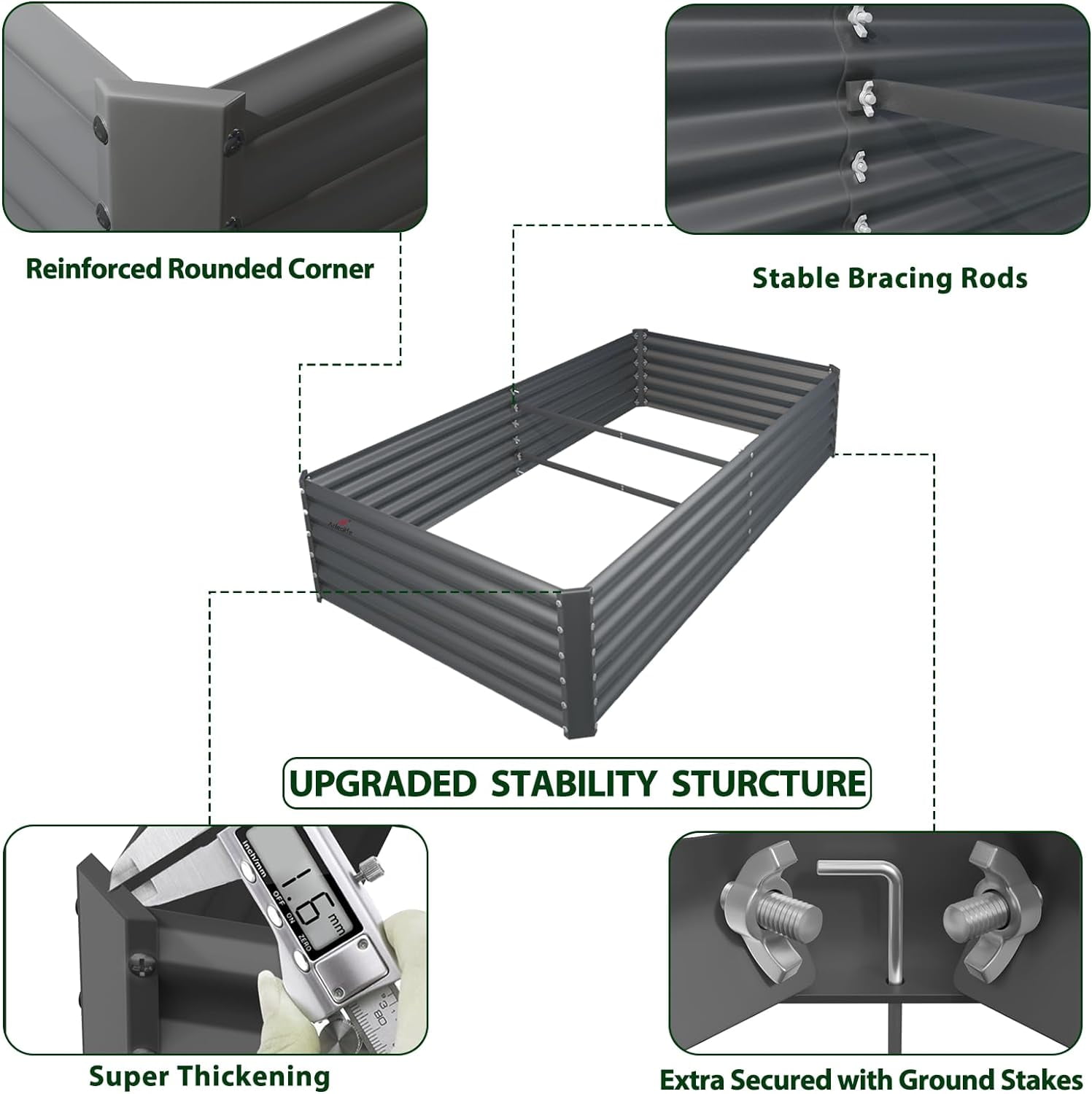 Anleolife 6-Pack 6x3x1.5ft Galvanized Raised Garden Beds Kit, Rectangular Modular Metal Planter Box for Soil Planting Grey