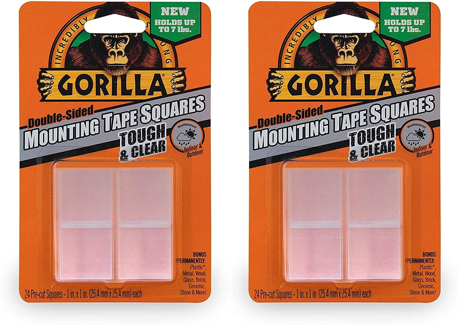 Gorilla Tough & Clear Double Sided Mounting Tape Squares, 24 1" PreCut