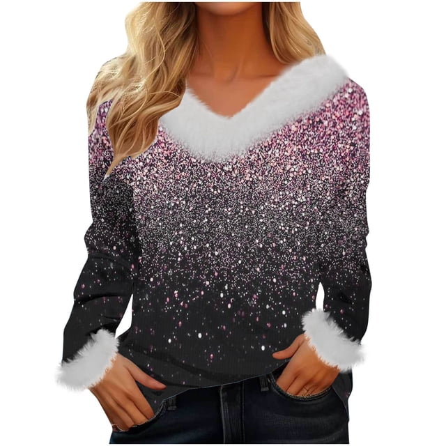 Blouses pour Femmes, Blouses pour Femmes Mode, Chandail Ample pour Femmes à Manches Longues en Peluche à Col en V Blouses Mode, Blouses pour Femmes Mode, Hauts à Manches Longues pour Femmes