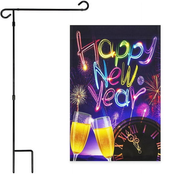 G128 Sets: 36"x16" Garden Stand Stake AND 12"x18" Garden Flag New Year Set Fireworks and Champagne