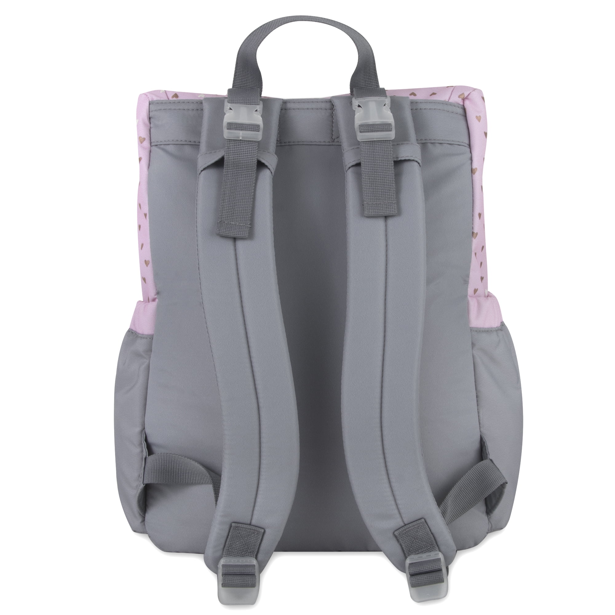 Baby Essentials 15.5”L 5 Piece Multi-Pocket Diaper Bag Backpack with Matching Changing Pad, Wipes Case, Insulated Bottle Bag & Organizer Pouch for Newborns, Infants & Toddlers in Pink & Gray Hearts