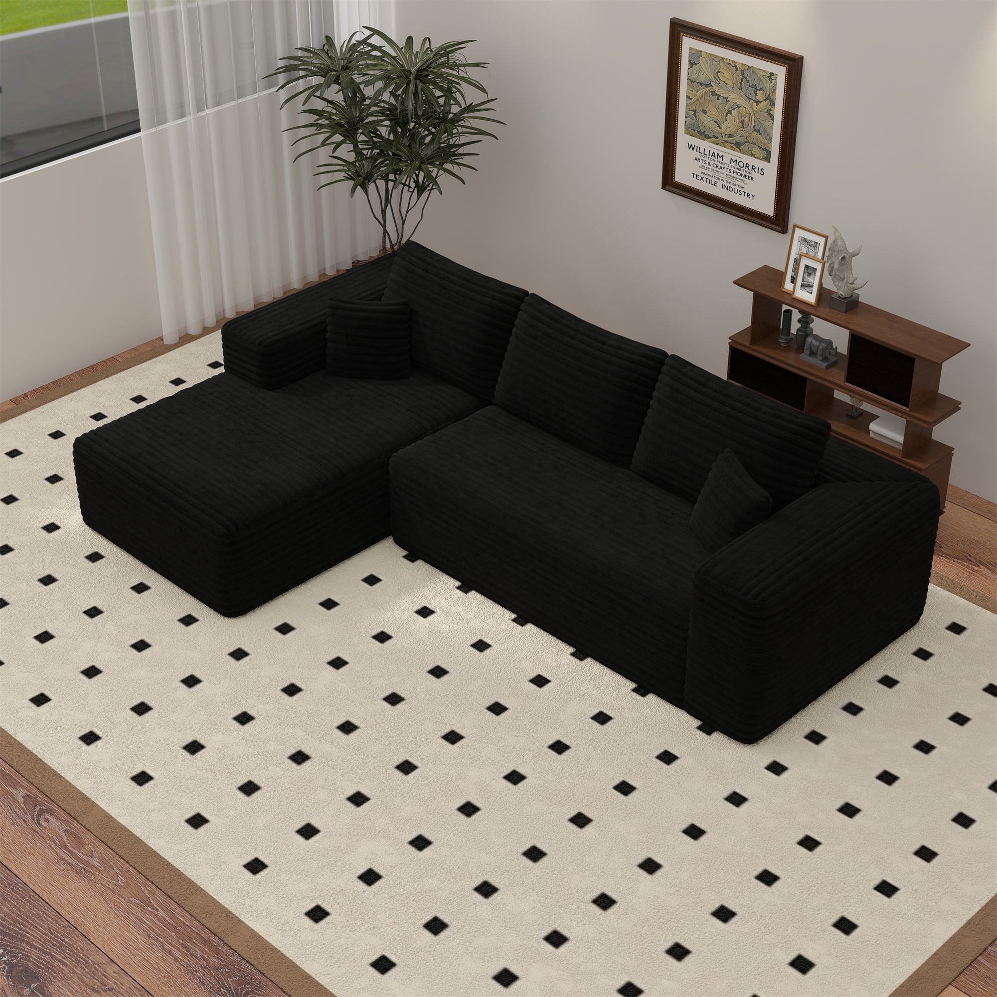 Aukfa 106" Cloud Sectional Sofa Boneless Couch Modular Sofa Bed for Living Room, 2Pillows, Left Chiase, Corduroy, Black