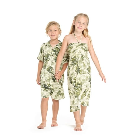 Matching Boy and Girl Siblings Hawaiian Luau Outfits in Leaves in White Girl 4 Boy 12
