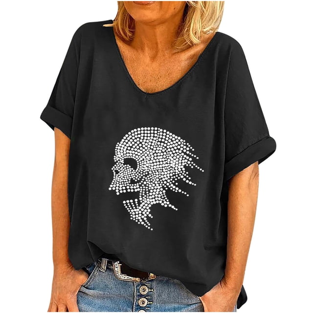 Mujeres verano moda manga corta cuello redondo perforación caliente cráneo blusa casual camiseta Tops Fridja bn3545