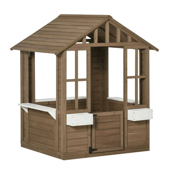 Kids Furniture Outsunny Kids Wooden Playhouse, Outdoor Garden Games Cottage, with Working Door, Windows, Flowers Pot Holder, 47" x 38" x 54",Baby Nursery Furniture