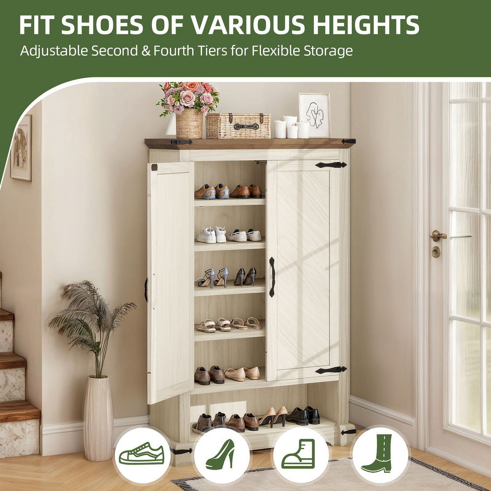 Uforic 6-Tier Shoe Cabinet with Doors, Farmhouse Shoe Storage Organizer Cabinet with Adjustable Shelves, Freestanding Shoe Storage Rack for Entryway/Hallway/Closet