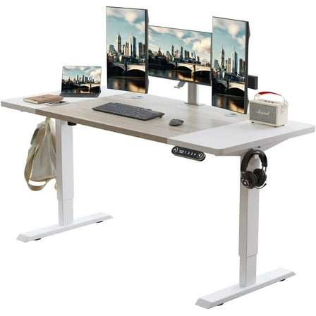 Electric Height Adjustable Standing Desk, CometMin 63x 30 Inches Stand Up Desk Workstation, Splice Board Home Office Computer Standing Table Ergonomic Desk (White  Oak, 63x30'')