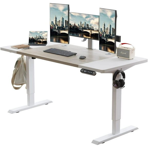 Electric Height Adjustable Standing Desk, CometMin 63x 30 Inches Stand Up Desk Workstation, Splice Board Home Office Computer Standing Table Ergonomic Desk (White  Oak, 63x30'')