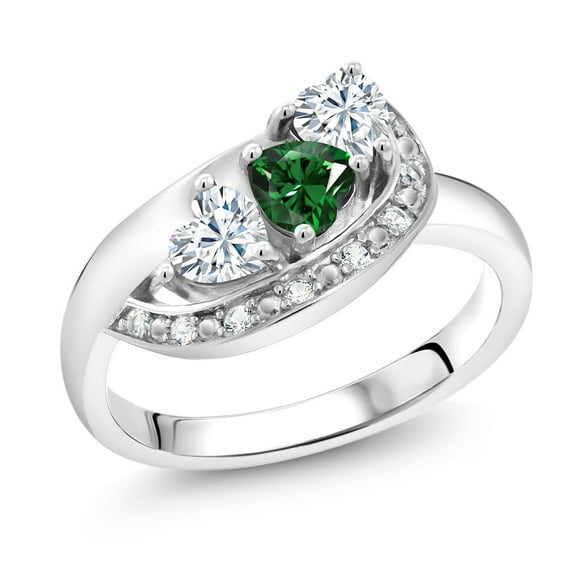 Gem Stone King 925 Sterling Silver Green Nano Emerald and White Moissanite and White Created Sapphire Engagement Ring for Women (0.92 Cttw, Gemstone May Birthstone, Heart Shape 4MM, Size 5)