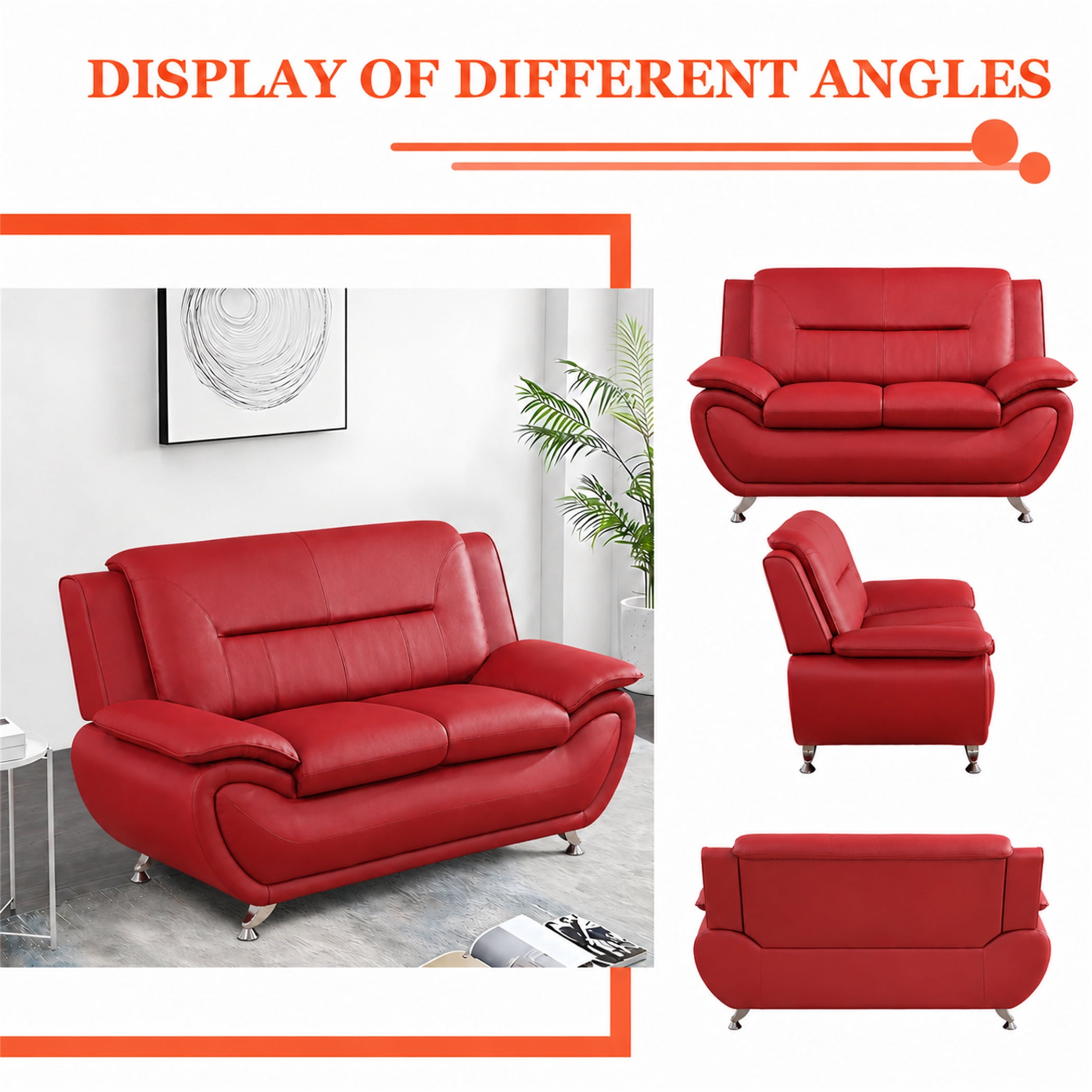 Aukfa 61" Wide Upholstered Loveseat Small Couch for Living Room Bedroom, Faux Leather, Red