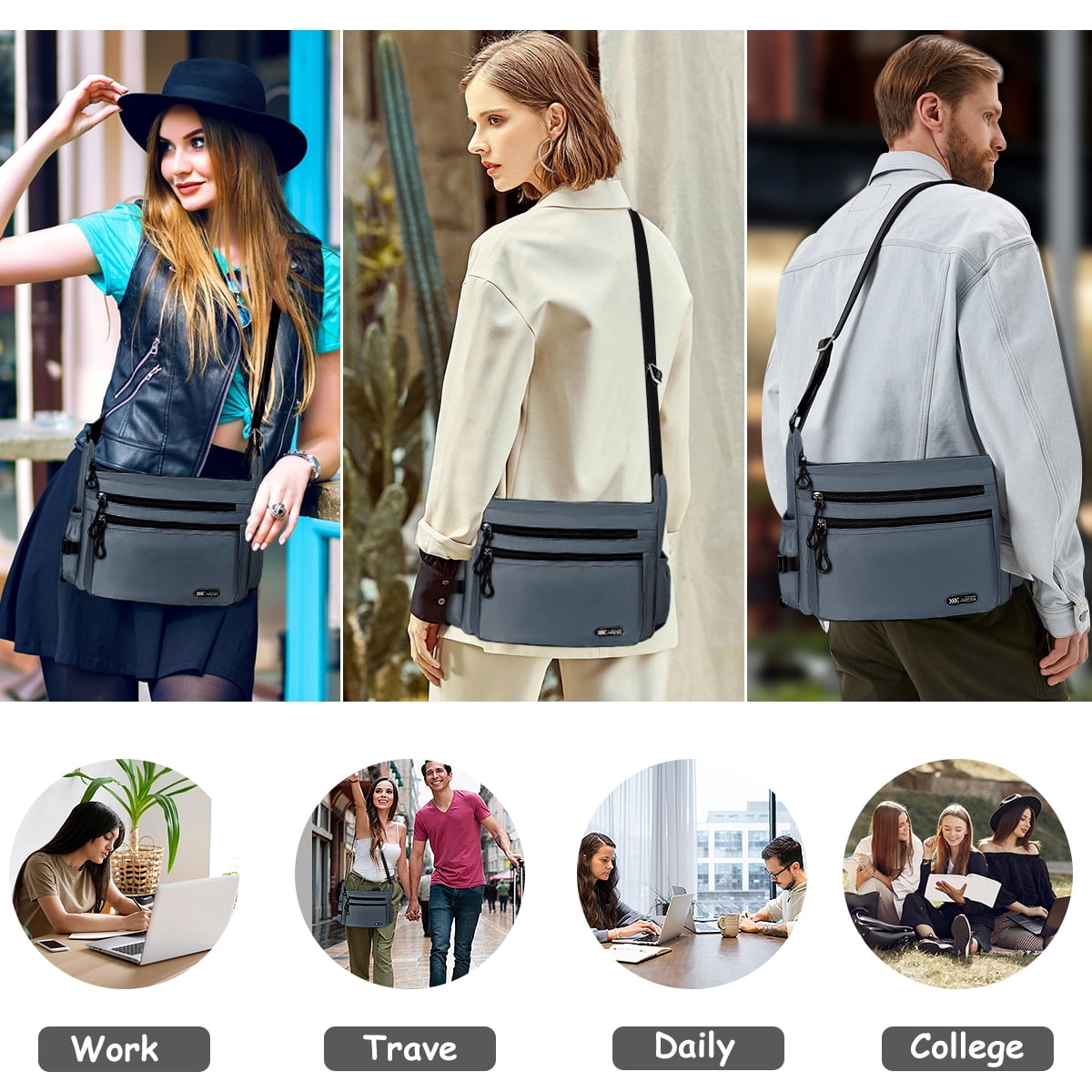 Crossbody Bag for Women Men Multi-Pocket Shoulder Purse Waterproof Lightweight Casual Travel Satchel Handbag,Grey,319
