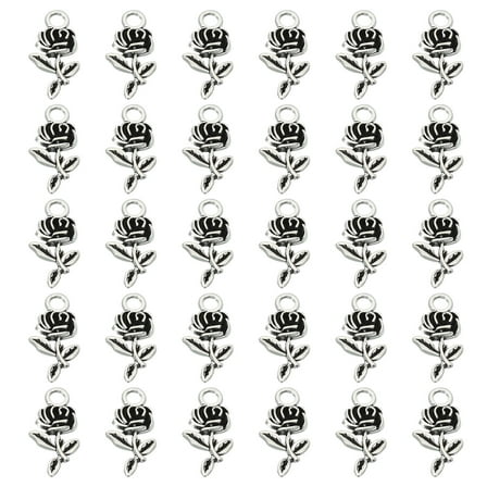 Rose Charm, 60Pcs Mini Rose Flower Pendant Charm Bulk Vintage Metal Designer, Silver
