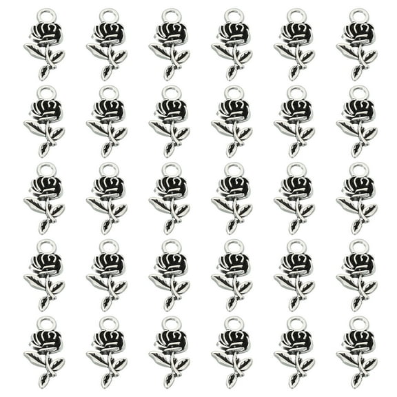 Rose Charm, 60Pcs Mini Rose Flower Pendant Charm Bulk Vintage Metal Designer, Silver
