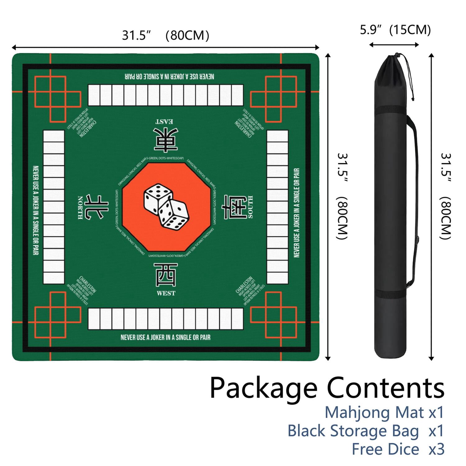 Green Mahjong Mat with Rules, 31.5*31.5in Anti Slip American Mahjong Mat for Table, Noise Reduction, Neoprene Mah jongg Mats with Carrying Bag & 3 Dices, Mahjong Supplies Gift, Board Tile Games Mats