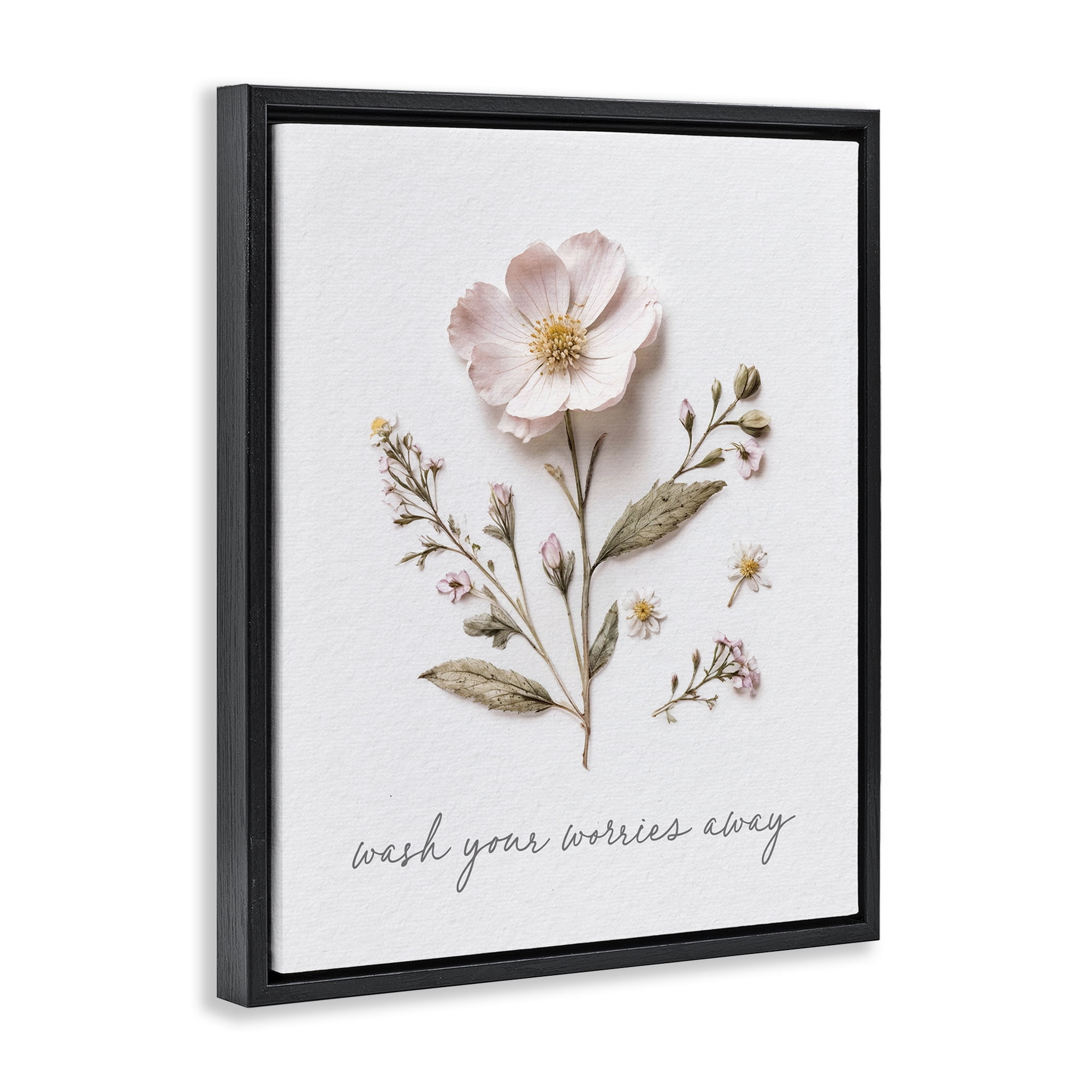 Pressed Flower Wash Worries Away Black Framed Floater Canvas Wall Art, design by Lettered and Lined