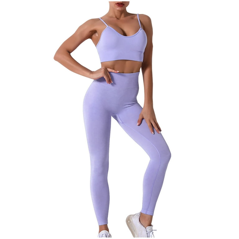 YYDGH Workout Set for Women 2 Pieces Outfits Seamless Yoga Leggings with  Sports Bra Tank Top Gym Sets Matching Sets Purple L 