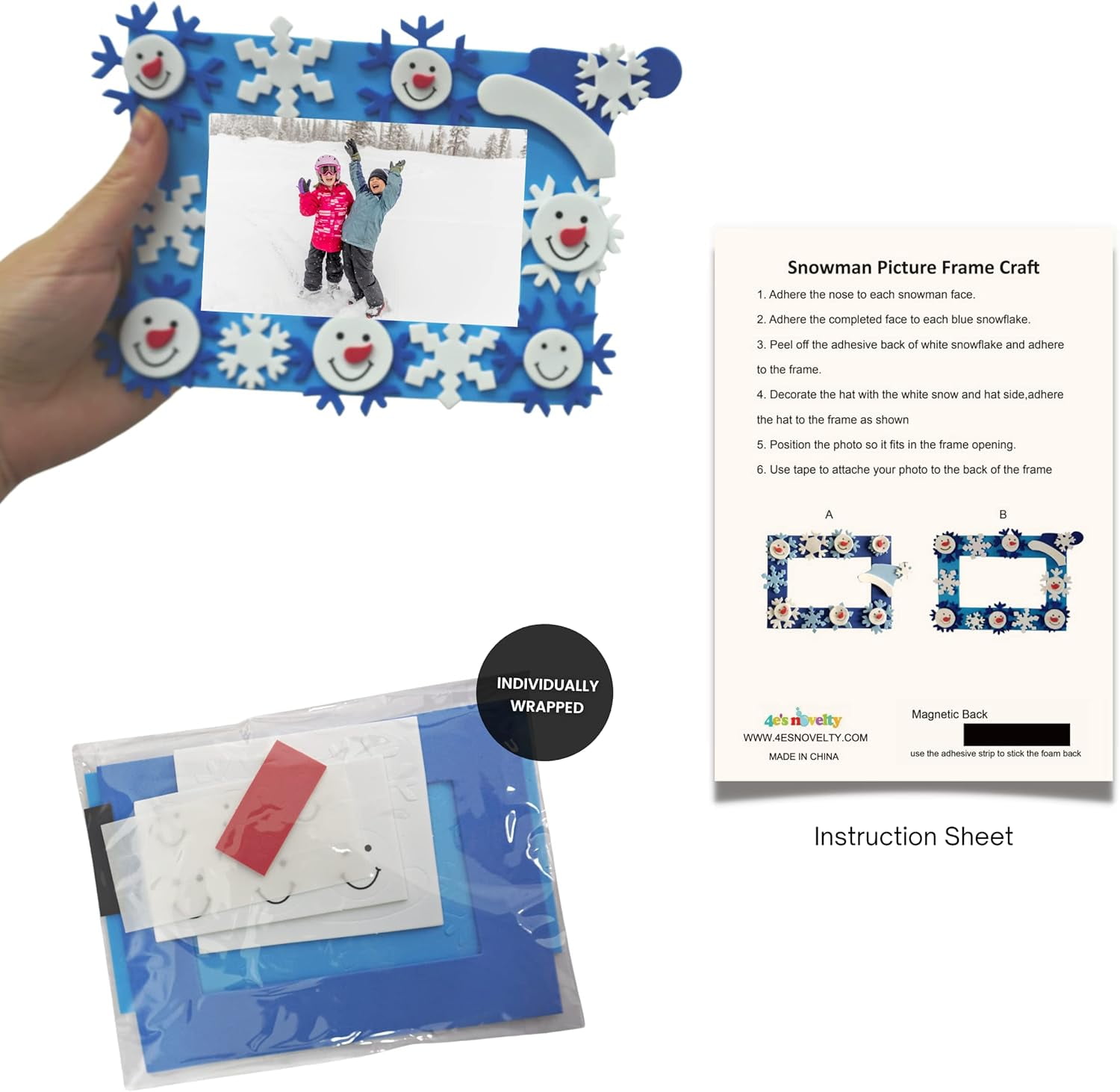 4E's Novelty Foam Snowflake Picture Frame Craft 12 Pack – Christmas Winter Arts & Crafts Kit for Kids Toddlers 3-12, Classroom DIY, Individually Wrapped