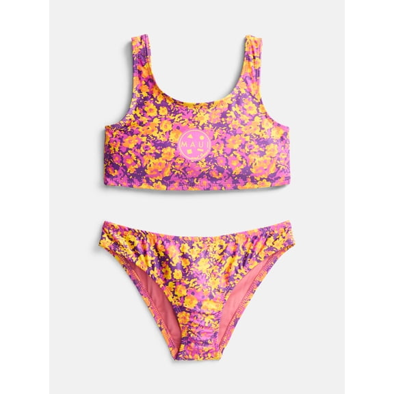 Maui and Sons Girl's Floral Drift Two-Piece Swimsuit, High Performance Stretch Bikini Bathing Suit and Athletic Swimwear for Kids