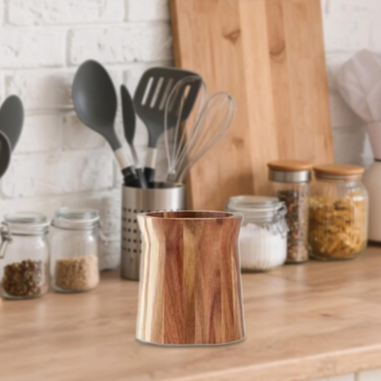 Acacia Wood Crock Rotating Utensil Organizer Countertop Holder Large Capacity for Kitchen Dining Table Parties