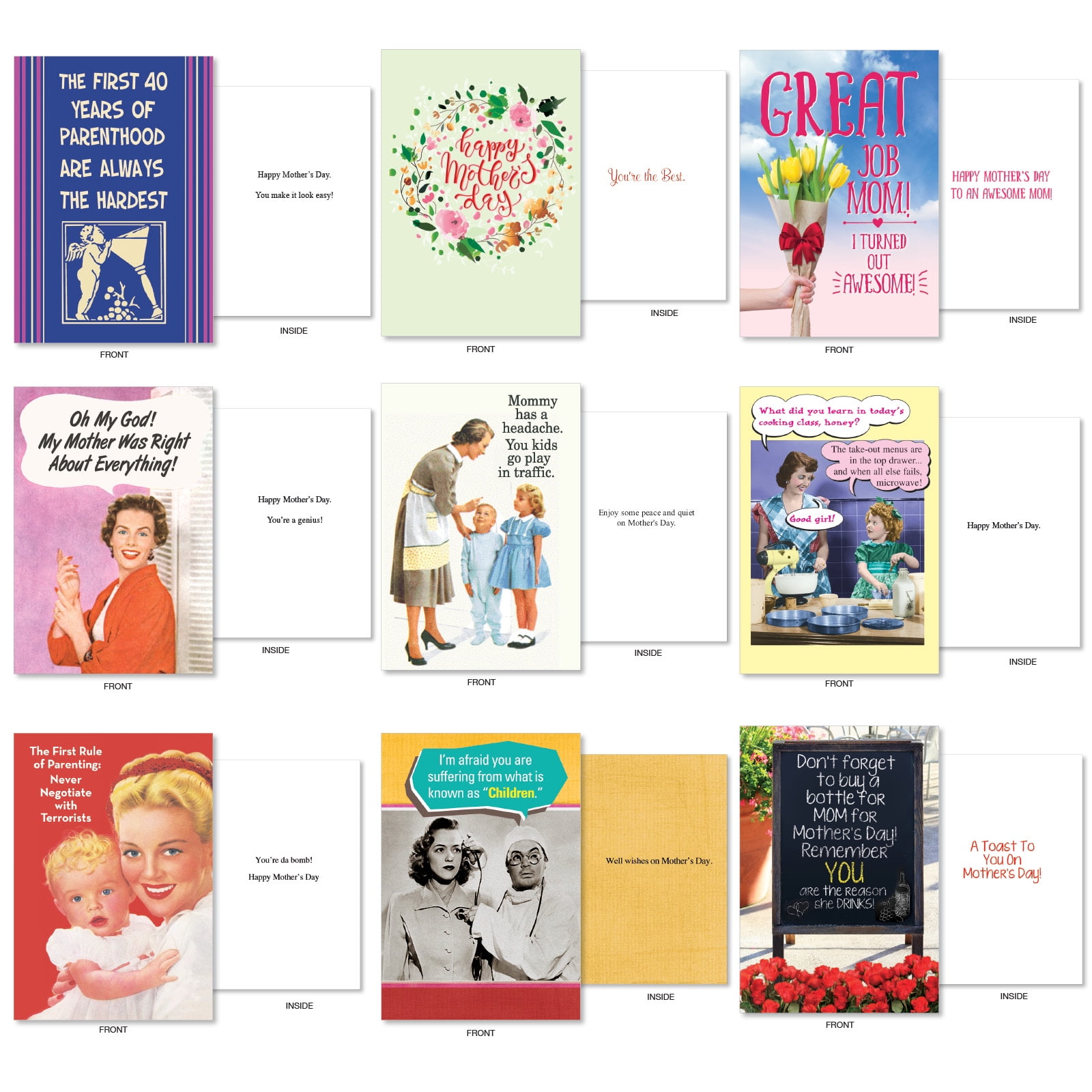 NobleWorks 36 Assorted Box Set Funny Mother's Day Greeting Cards w/5 x 7 Inch Envelopes (36 Designs, 1 Each) Mom Top Moms AC10242MDG-B1x36