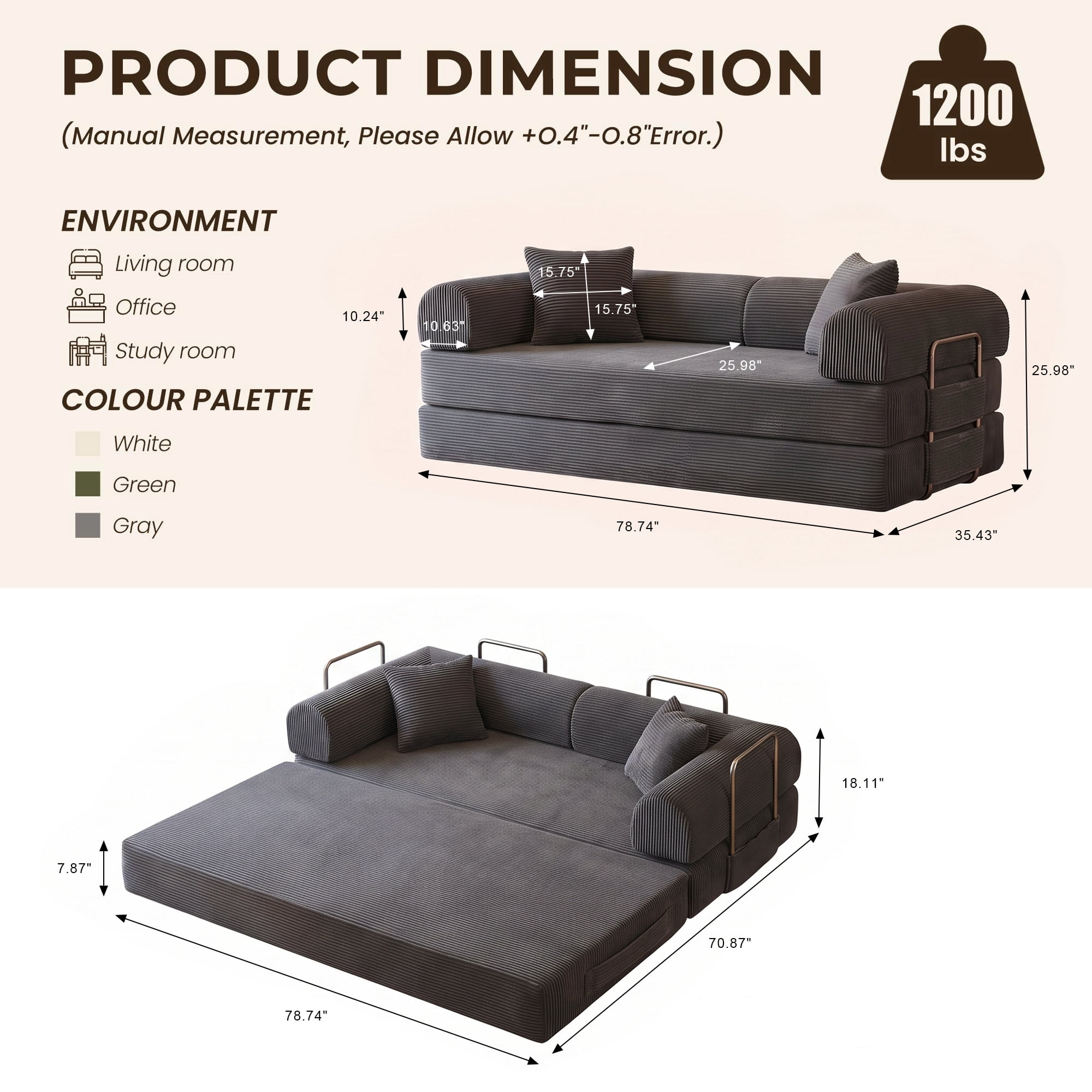 Aukfa 79" Convertible Futon Sofa Bed with Fixed Frame, 5-in-1 Boneless Couch for Living Room, Corduroy, Gray