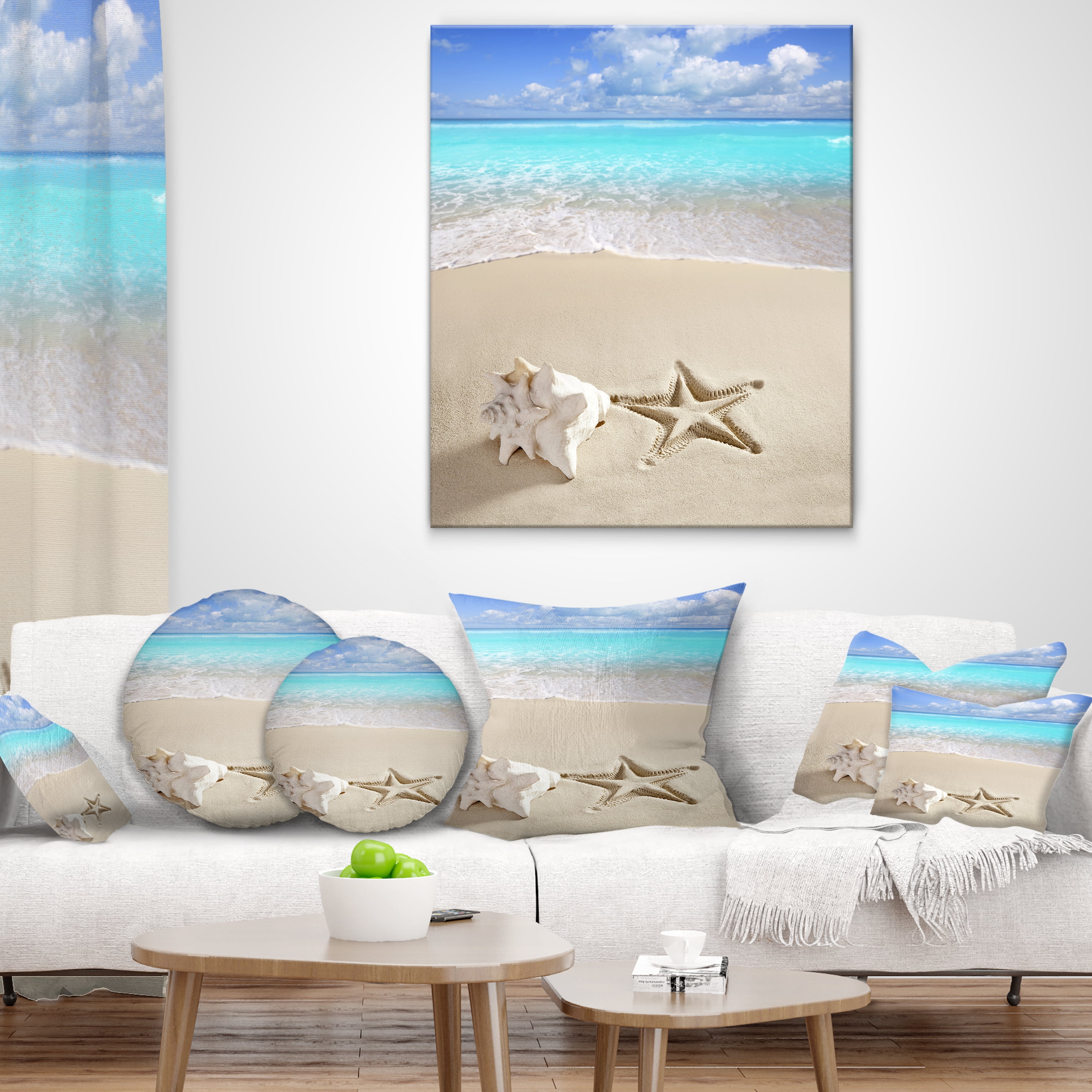 Designart Caribbean Beach Starfish - Beach Photography Throw Pillow - 16x16