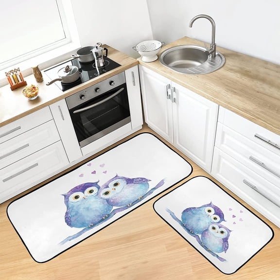 Kitchen Rugs Set 2 Piece Cute Owls Non Slip Bathroom Floor Mats Anti-Fatigue Washable Carpet Doormat - 27"x19" 47"x19"