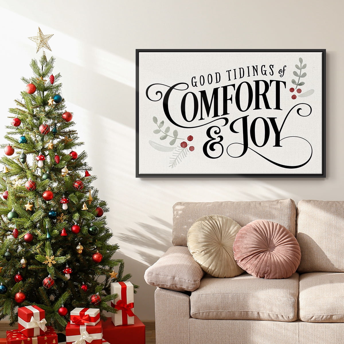 Merry Sentiment I - Framed Gallery Wrapped Holiday Canvas - 27 x 41 - Black Frame