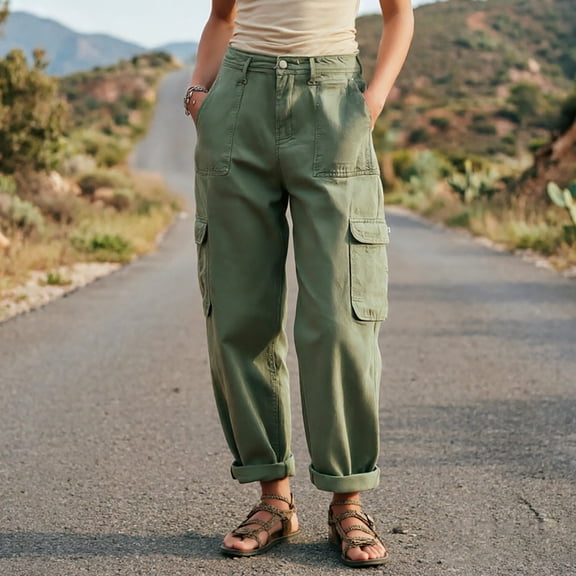 Cagogo Women's Plus Size Cargo Pants High Waisted with Pockets Cuffed Casual Streetwear Loose Long Trousers Vacation Travel Work, Army Green L