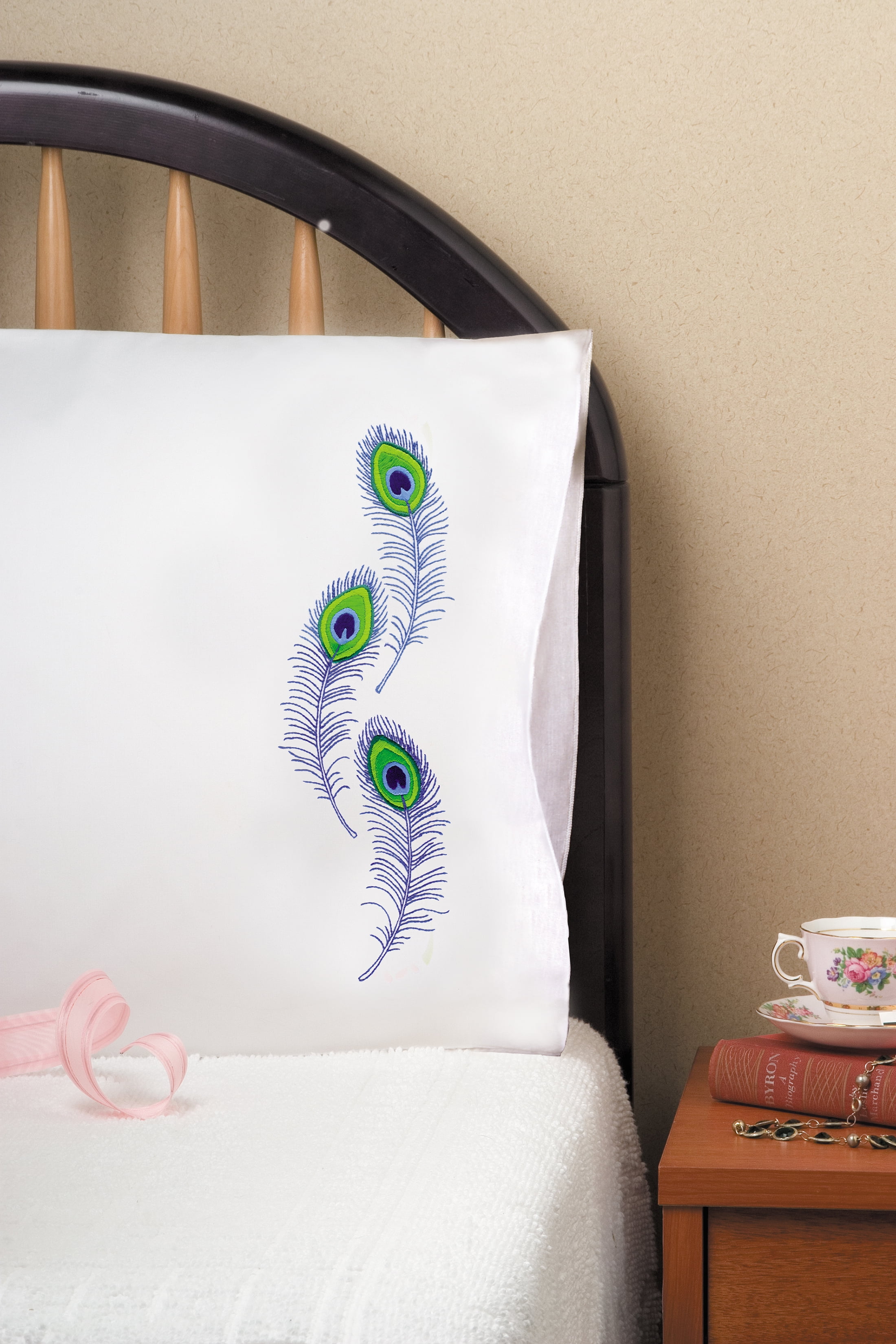 Tobin Stamped For Embroidery Pillowcase Pair 20"X30"Peacock