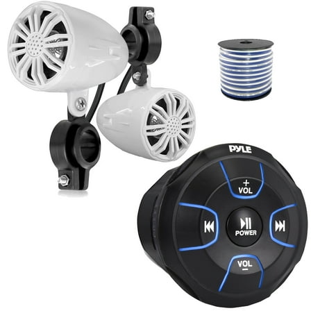 Pyle PLMRBT18 Bluetooth Audio Amplified Marine Waterproof Controller, Pyle PLMR22WT 2.25’' 10 Watts Max Power Full Range Off-Road White Boat Speakers (1 Pair), 50 Feet 18 Gauge Speaker Wire