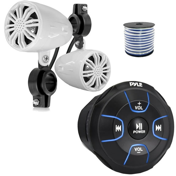 Pyle PLMRBT18 Bluetooth Audio Amplified Marine Waterproof Controller, Pyle PLMR22WT 2.25’' 10 Watts Max Power Full Range Off-Road White Boat Speakers (1 Pair), 50 Feet 18 Gauge Speaker Wire