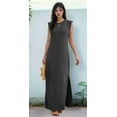 thumbnail image 4 of 2025 Women Summer Round Neck Casual Loose Split Wrinkle-Free Long Maxi Vacation Dress with Pockets Dark Gray L, 4 of 7