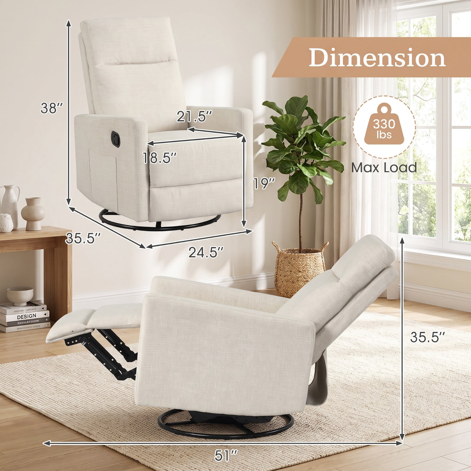 Furnibear Swivel Rocking Chair with 360 Degree Base Reclining Backrest and Extending Footrest for Nursery and Living Room, Beige