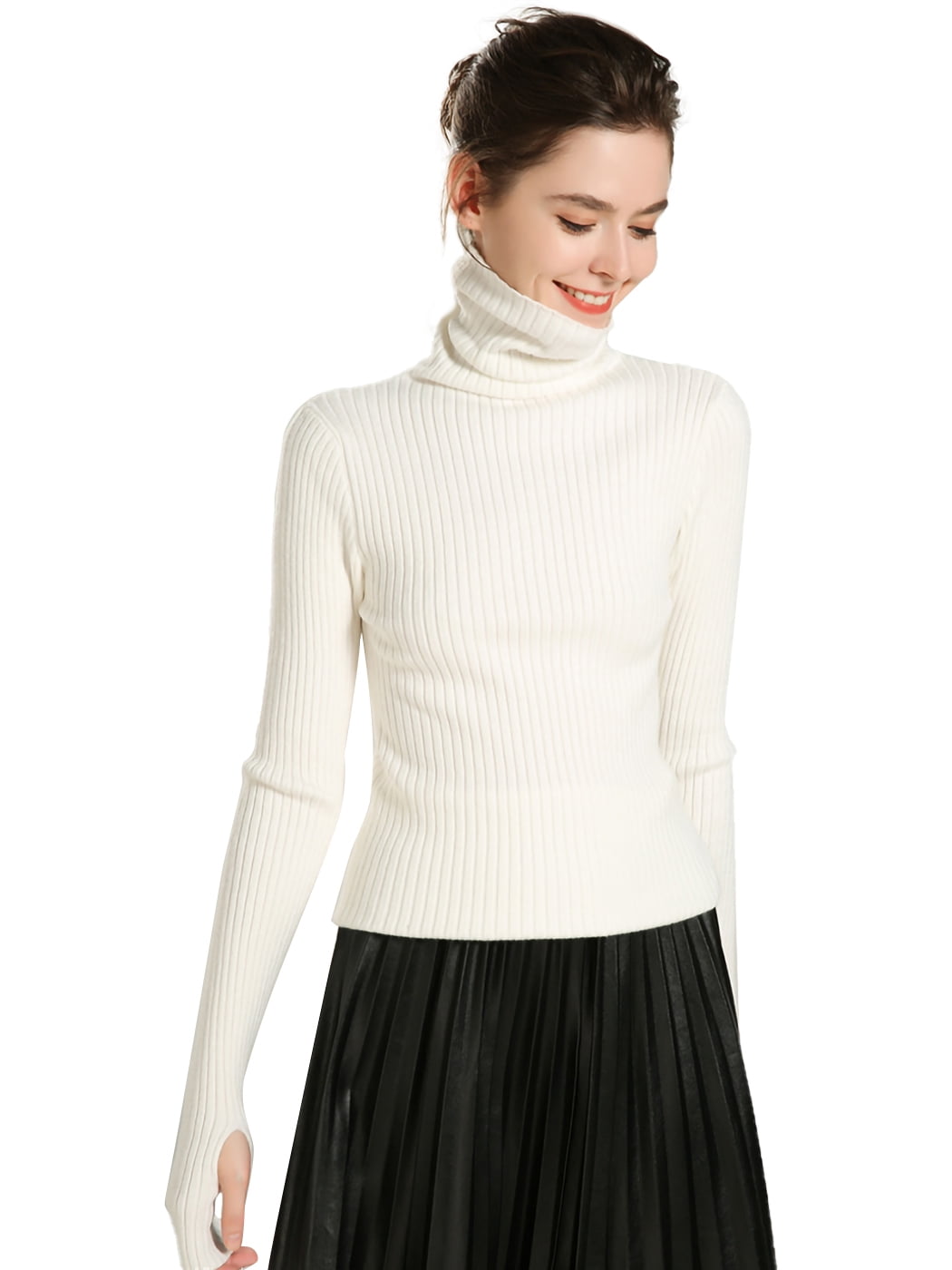 Women S Long Sleeve Turtleneck Basic Stretchy Knit Slim Sweater White Large