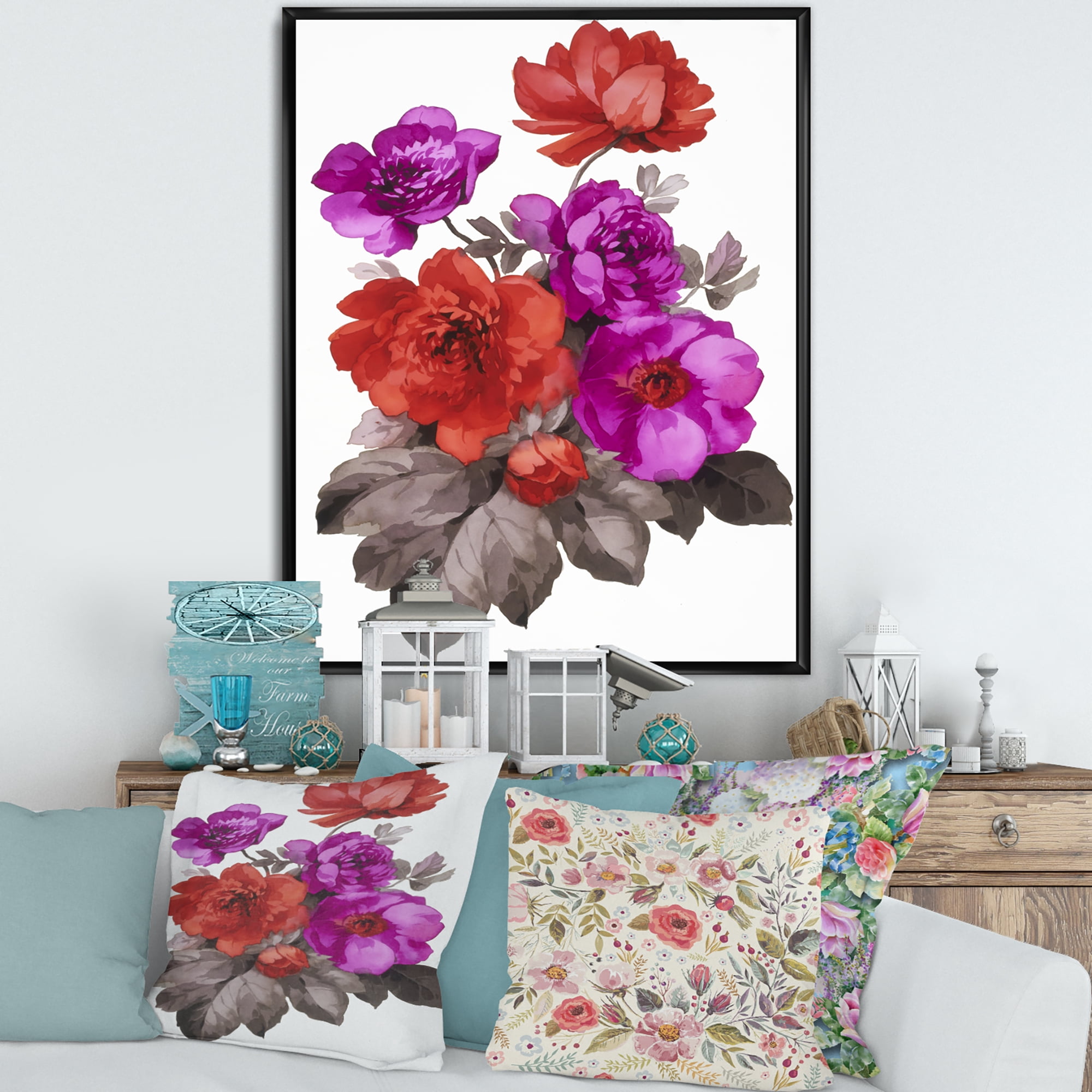 Designart 'Fuchia and Red Flowers' Traditional Framed Canvas Wall Art Print