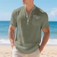 thumbnail image 2 of Rggeeun Men Shirts Solid Color Short Sleeve V Neck With Front Buttons & Pocket Trim Pleated Loose Fit For Summer Streetwear Simple Tee,Army Green,L, 2 of 8