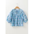 thumbnail image 4 of Women's Sky Blue Floral Striped Print Tie Shirred Neck Blouse with Puff Sleeves - [ZhiHiMeRi] | (US 12-14)L, 4 of 12