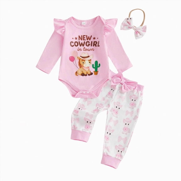 CAICJ98 3PCS Western Baby Girl Outfit Ruffled Long Sleeve Romper Bow Cow Print Pants Headband Set Cowgirl Clothes,Size 3-6 Months