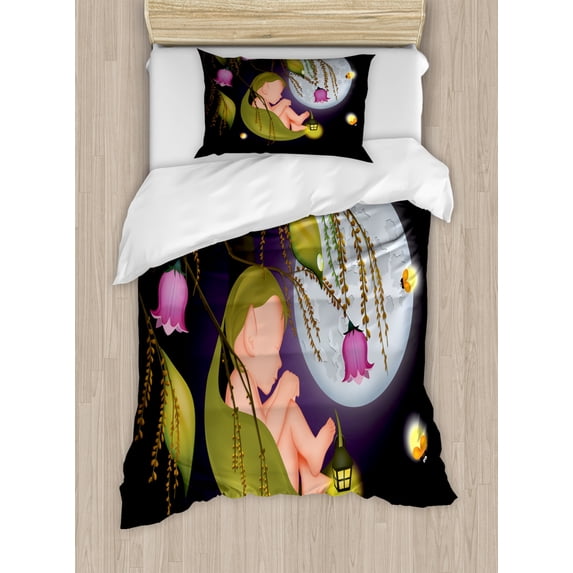 Fantasy Duvet Cover Set Twin Size, Baby Elf on Leaf Growing to Moon Mystic Night Fireflies Christmas Tale Print, Decorative 2 Piece Bedding Set with 1 Pillow Sham, Multicolor, by Ambesonne